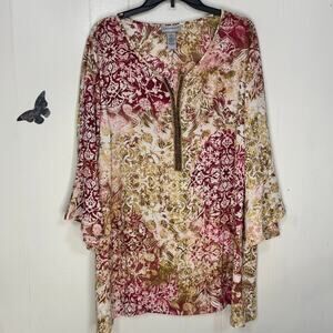 Catherines Womens Blouse Size 2X Green Floral Beaded Trim Fairy Whimsical Artsy